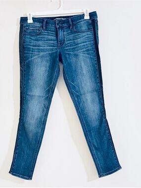 Express Stella Low Rise Blue Jeans Black Faux Leather Side Stripe Size 10R